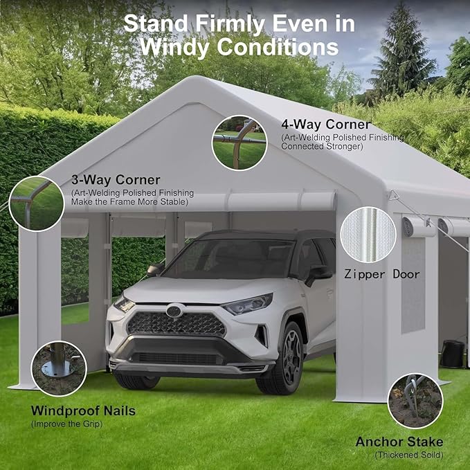 12x20Ft Heavy-Duty Carport, Portable Garage Tent with 2 Roll-Up Doors & 4 Windows, Waterproof & UV-Resistant, All Weather Outdoor Car Port for Pickups, Bass Boats, Tractors, and SUVs, White