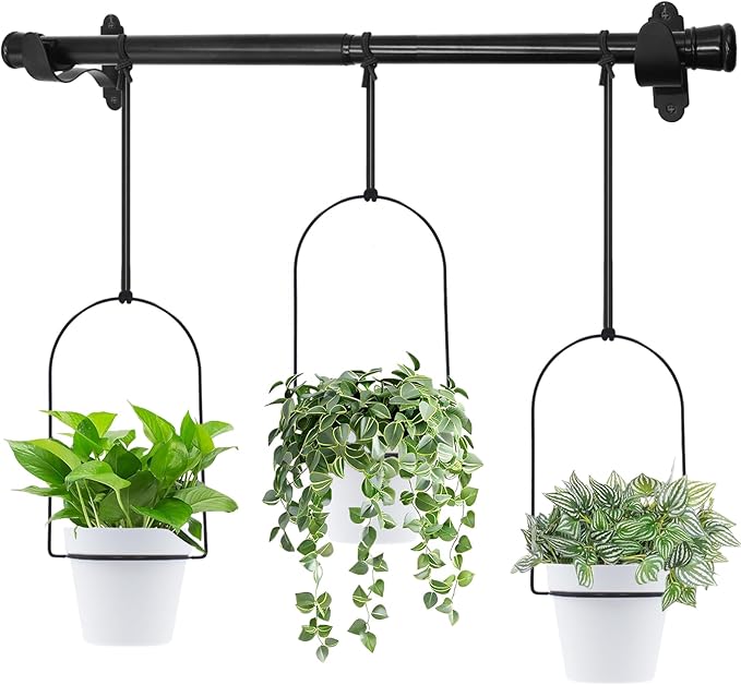 Hanging Planters for Indoor Plants Plant Hanger, Adjustable Hanging Window Planter Hanging Wall Planter for Garden, 23in Plant Shelves Metal Holder Rod with Pots (Black)