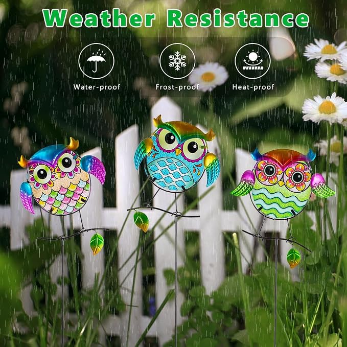 Decorative Garden Stakes,Set of 3 Owl Stained Glass Metal Yard Art Outdoor,Waterproof Spring Garden Stakes Decorative for Lawn Patio Pathway