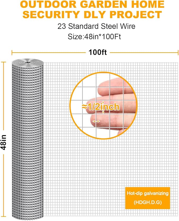 48in x 100ft Hardware About 1/2 inch Hot-Dip Galvanized Welded Chicken Wire Fencing - 23 Standard Steel Wire Mesh for Garden, Chicken Coop, Rabbit Cage, Rodent Poultry Enclosures & Predator Protection