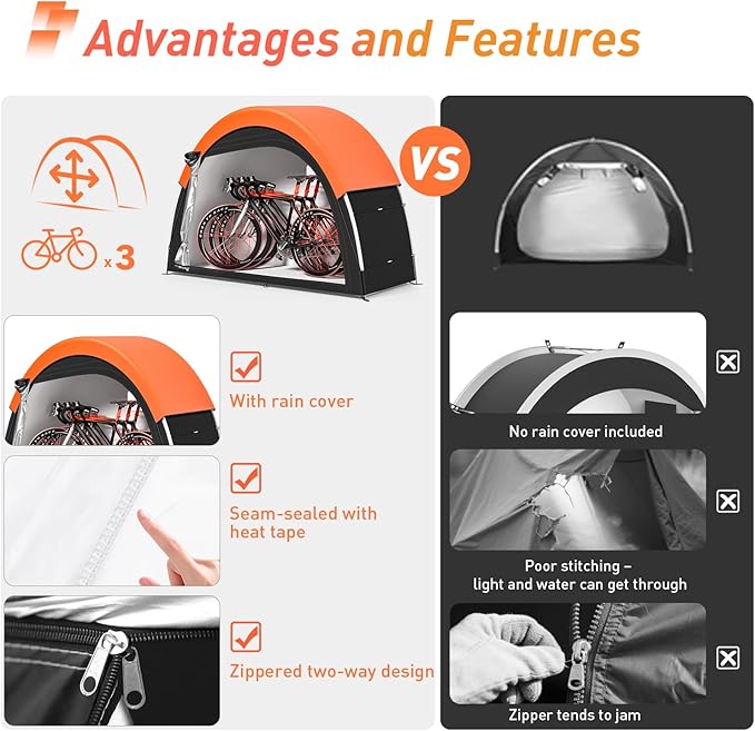 Upgraded Bike Tent with Rain Cover, Portable Outdoor Storage Shed for 2-3 Bikes, 210D Oxford Fabric PU4000 Waterproof, Bike Shed/Bike Cover for Motorcycles, Garden Tools, Lawn Mower