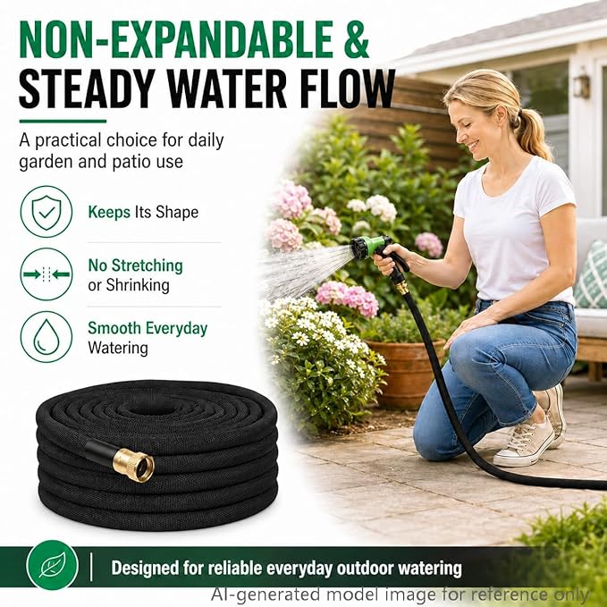 100FT Lightweight Flat Garden Hose for Women & Seniors, Non-Expandable Water Hose with 10-Pattern Spray Nozzle, Easy Storage No-Kink Hose for RV, Patio, Small Backyard, Car Wash & Everyday Watering