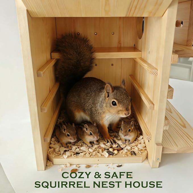 Extra Large Outdoor Squirrel House, Wooden Nesting Box | 0.7-inch pine with weather-resistant finish, external platform, front porch, ventilation and easy tree or fence mounting