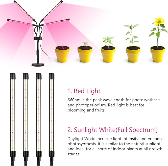 Grow Lights for Indoor Plants, Four Head LED Grow Light with Full Spectrum, Red White Spectrum for Indoor Plant Lamp, Adjustable Gooseneck, Suitable for Vegetation