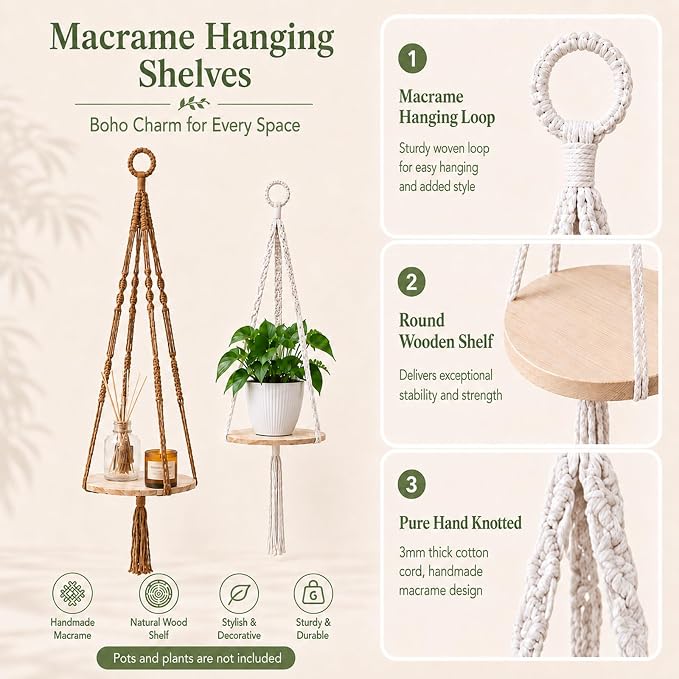 Artilady 2 Pack Macrame Hanging Planter with Wood Shelf, Boho Plant Hanger for Indoor Plants Basket Holder for Window Balcony Kitchen
