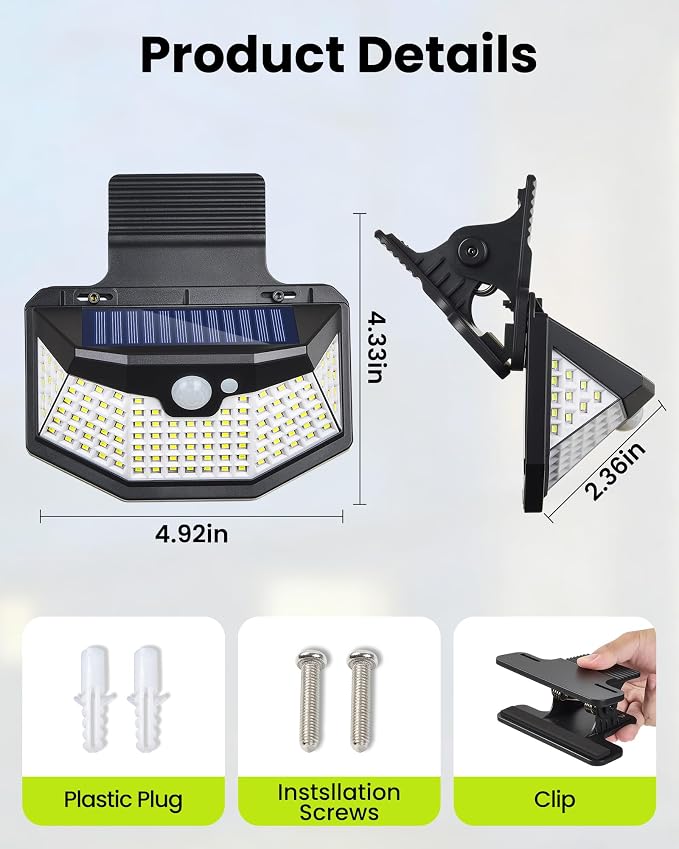 Clip on Solar Lights Outdoor with Motion Sensor, 800LM & 270° Wide Angle Solar Fence Lights Outdoor Waterproof with 115 LEDs, 3 Modes & Portable Security Lights for Chain Link Patio Deck Yard (4Pack)