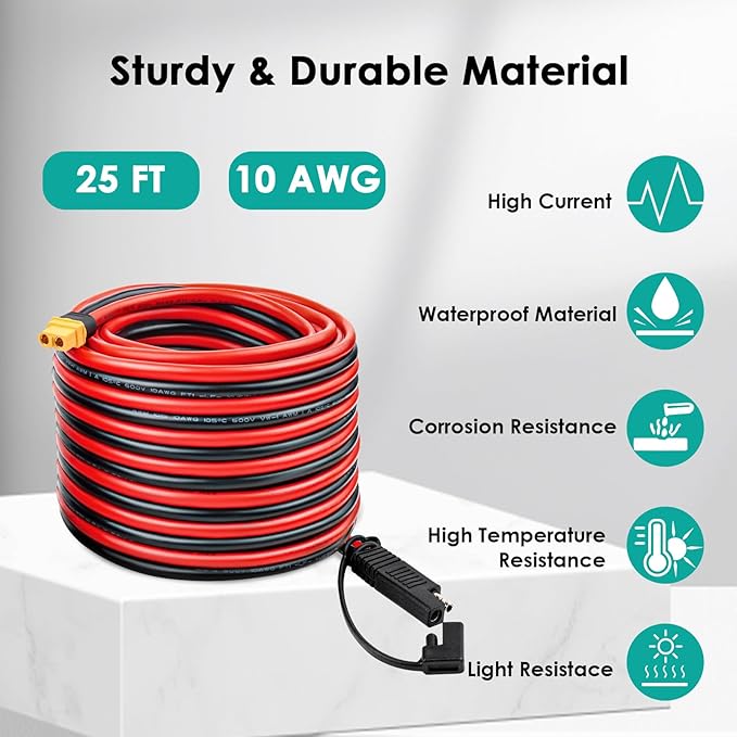 MOOKEERF 10AWG SAE to XT60 Connector Extension Cable 25FT, XT60 Female to SAE Cable With Polarity Reverse Adapter for Portable Power Station Solar Panel Generator