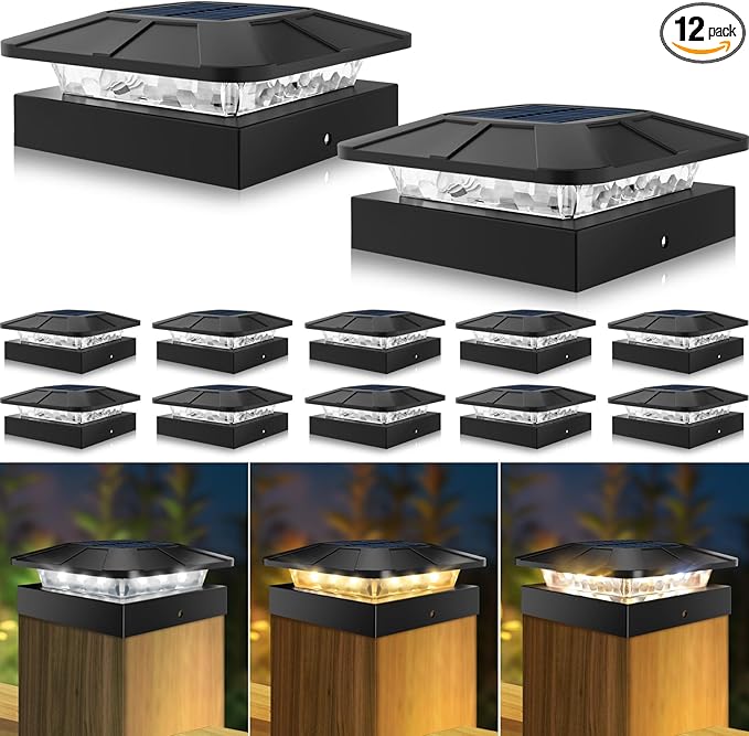 Peasur 4x4 Solar Post Cap Lights Outdoor 12 Packs, 3 Lighting Modes LED Post Light Solar Powered Waterproof, Fence Deck Lights for Wood/Vinyl Posts
