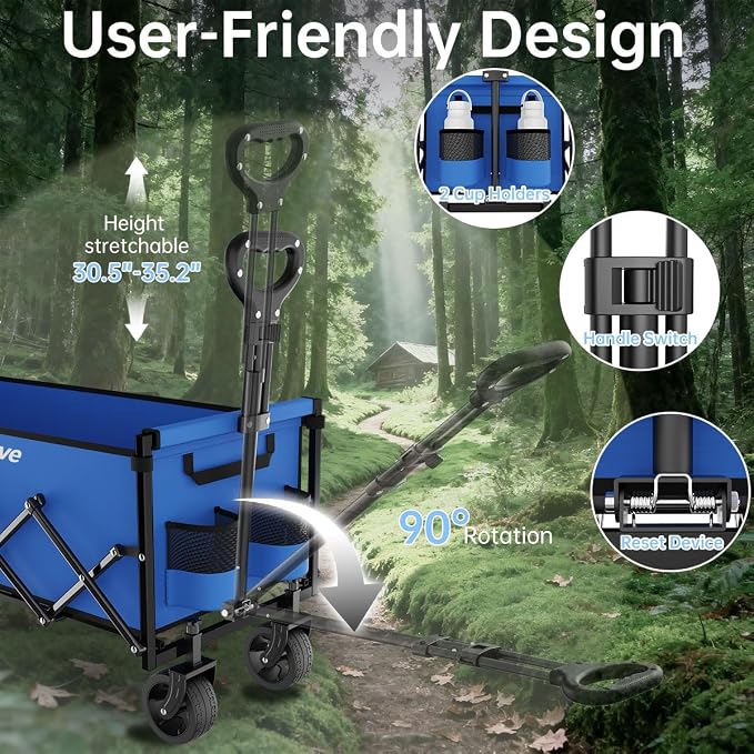 Extra Long Collapsible Wagon Cart, 480LBS Heavy Duty Utility Wagons with All-Terrain Wheels, Foldable Grocery Carts for Gardening, Shopping, Beach, Camping, Royal Blue