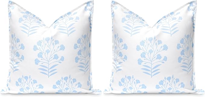 Hofdeco Premium Coastal Patio Indoor Outdoor Throw Pillow Cover Only, 20"x20" Water Repellent for Backyard, Couch, Baby Blue Print Floral (Pack of 2)