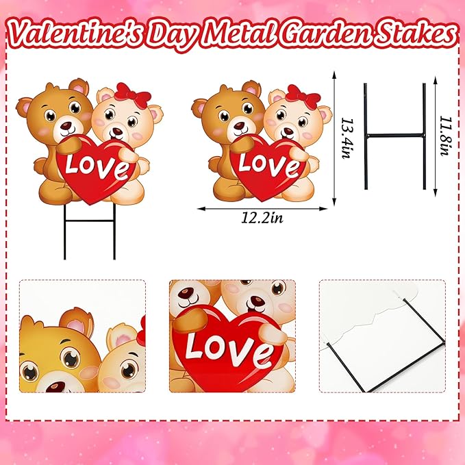 JarThenaAMCS Valentine' s Day Metal Garden Stake Welcome Yard Sign Bear Couple with Love Heart Decorative Lawn Sign for Wedding Anniversary Home Outside Lawn Porch Walkway Decor