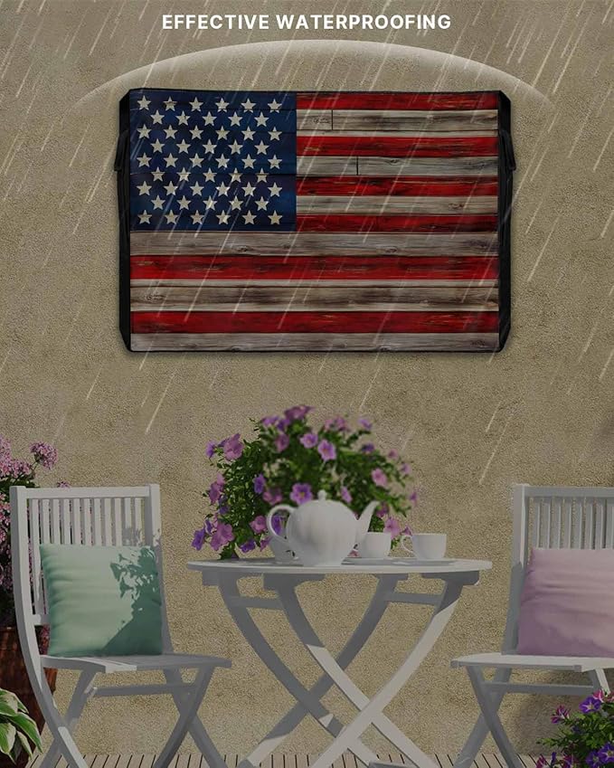 American Flag Outdoor TV Cover 52 to 55 Inch Weatherproof, Vintage Red Stripes Wooden 600D Oxford TV Covers with Zipper, USA Flag Outside Flat TV Screen Protector Size 52"W x 19"H x 4.5"D