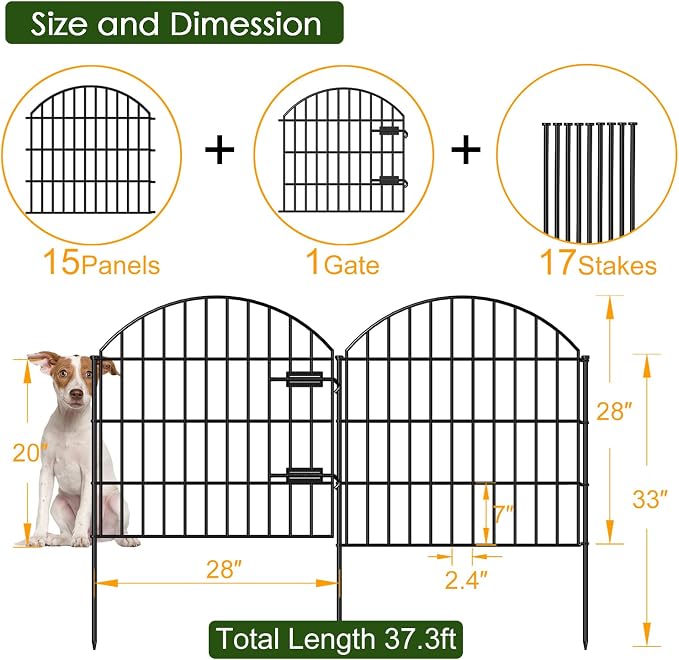 FOREHOGAR Metal Garden Fence with Gate 28in (H) x 37.3ft (L), 1 Gate + 15 Panels Dog Fences Border Fence Animal Barrier, No Dig Garden Fencing for Yard Backyard Landscape, ECG2816G Black