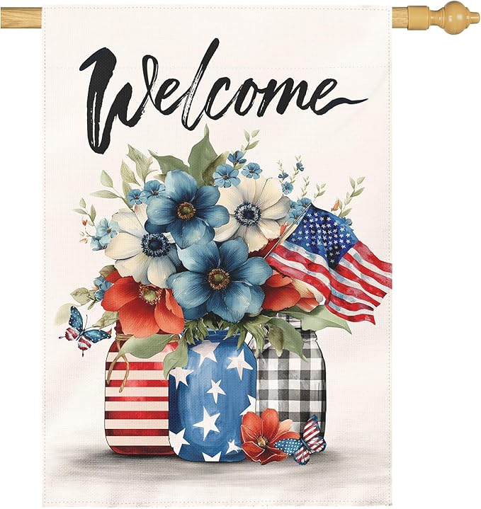 Patriotic Fourth of July House Flag Welcome Red White and Blue Mason Jar Flowers Garden Flags American Flag Floral Farmhouse Outdoor for Independence Day Memorial Day Veterans Day 28 x 40 Inch
