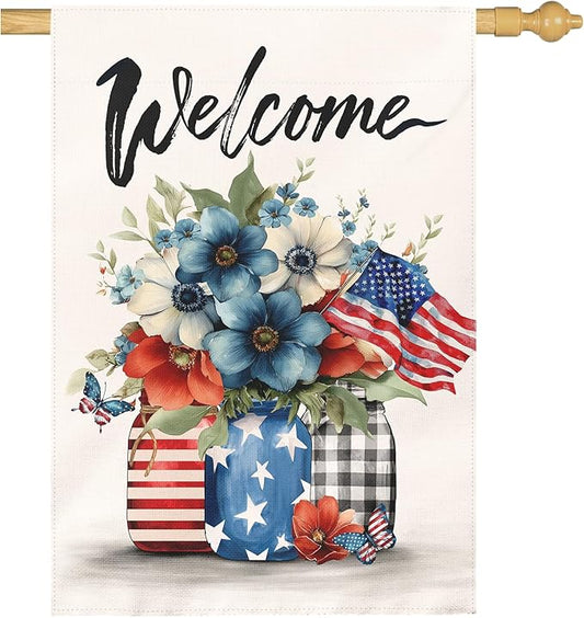 Patriotic Fourth of July House Flag Welcome Red White and Blue Mason Jar Flowers Garden Flags American Flag Floral Farmhouse Outdoor for Independence Day Memorial Day Veterans Day 28 x 40 Inch