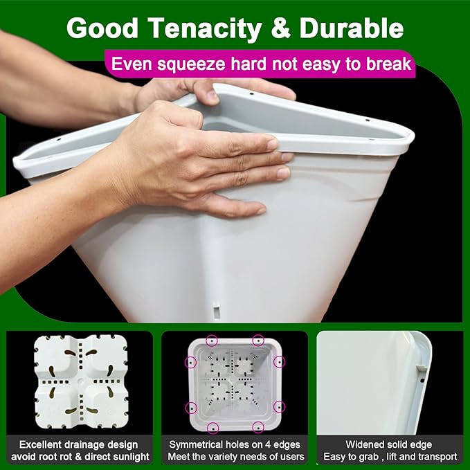 12 Pack 7 Inch Offwhite Square Pot Lightproof Plastic Planter with Hanging Holes, Hydroponic Side Holes Pot