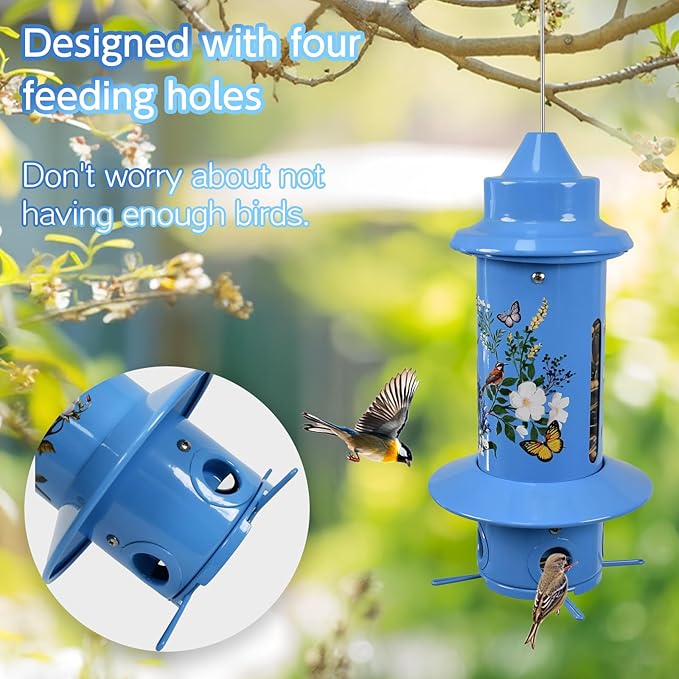 Squirrel Proof Bird Feeders, Long Lasting Bird Feeder for Outdoors, Reliable and Rust Resistant Metal Station for Prevents Squirrels from Stealing Food,5LB Large Capacity (Blue Bird Feeder)
