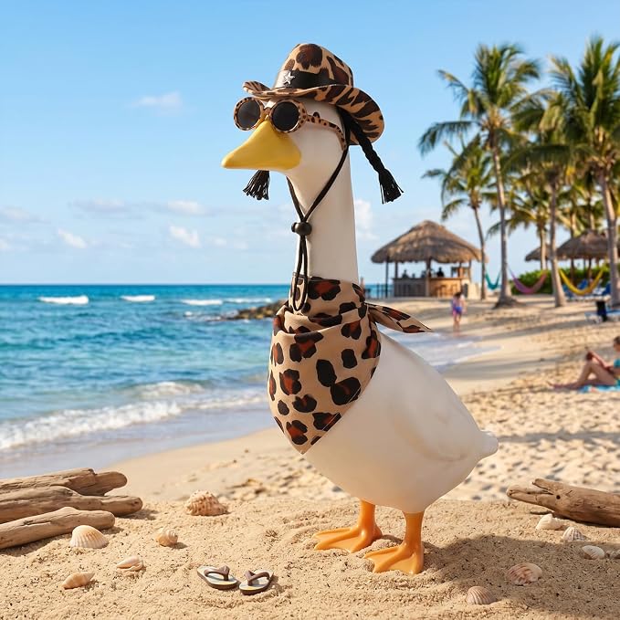 Summer Leopard Print‌ Porch Goose Outfits Clothes with Sunglasses, Beach 23 inch Porch Goose Costume Clothing for Patio Yard
