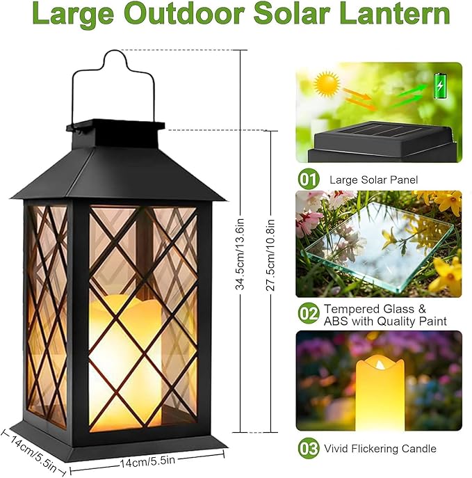 Yowin Solar Lanterns Outdoor Waterproof 2 Pack 14" Large Tempered Glass Hanging Solar Lantern with Flameless Candle, Garden Gifts, Wall Lamp for Backyard Porch Patio Lawn Vintage Decorations - Black