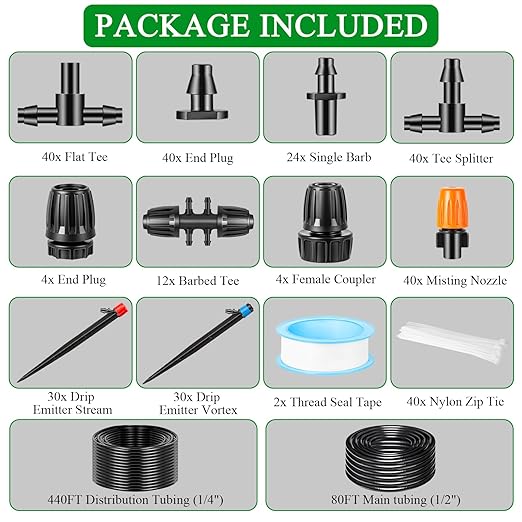 520FT Drip Irrigation System Kit, Automatic Drip Irrigation Kit with 1/2 inch Hose 1/4 inch Distribution Tubing and Accessories for Greenhouse, Yard, Lawn