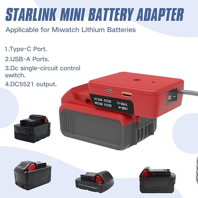 Deckit Starlink Mini Battery Adapter,Compatible with Milwaukee M18 Battery, Portable Power Converter for Off-Grid Internet with Switch, Low Voltage Protection & Multi-Port, Includes 5FT DC Cable & Bag