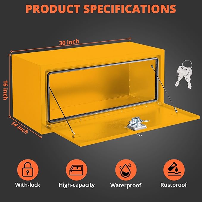 Black Steel Underbody Truck Tool Box with t-Handle Lock & Keys, Heavy Duty Storage Organizer Tool Chest for Pickup Truck Bed, RV & Trailer