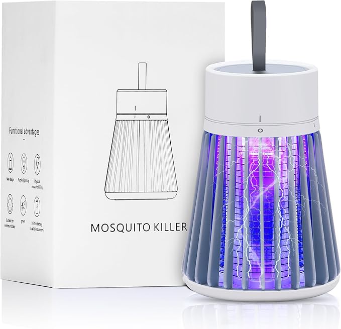 Rechargeable Mosquito Zapper for Home & Camping - UV Purple Light Electric Insect Trap, USB Charging, Safety Grid, Indoor/Outdoor Bug Killer (Gray)