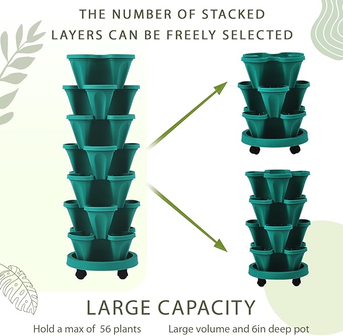 Umigy 1 Set Dark Green 7 Tier Vertical Planter Stackable Tower Planters Strawberry Herb Flower and Vegetable Pots Indoor Outdoor Gardening Pots with Removable Wheels and Tools