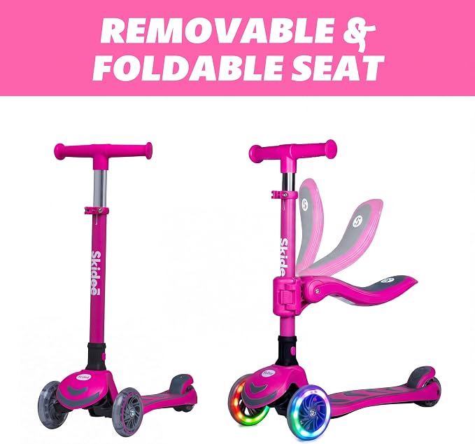 SKIDEE Kick Scooter for Kids Ages 3-5 | Foldable 3 Wheel Scooter with Lean-to-Steer, Adjustable Height, Removable Seat & LED Light Wheels | Toddler Scooter Up to 12 Year Old Boys/Girls