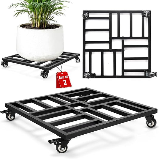 22" Plant Caddy with Wheels, Heavy Duty Metal Rolling Plant Stand, 600 lbs Square Plant Dolly with Lockable Industrial Caster Wheels for Large Planter Pots, Heavy Objects Wheeled Mobile Roller, 2 Pack