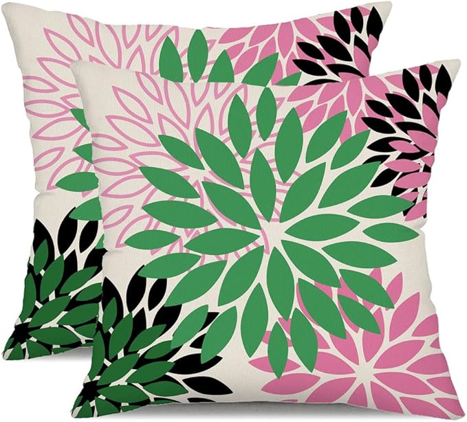 DFXSZ Green Pink Black Flower Pillow Covers 20x20 Inch Set of 2 Outdoor Throw Pillows Outdoor Waterproof Decor for Living Room Sofa Patio Funiture Garden Floral Polyester Pillow Covers 012B20