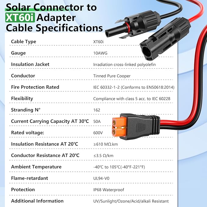 Vansdon Solar to XT60i Extension Cable 10AWG 25FT XT60i Female to Male Connector for RV Foldable Solar Panel, Portable Power Station, Solar Generator