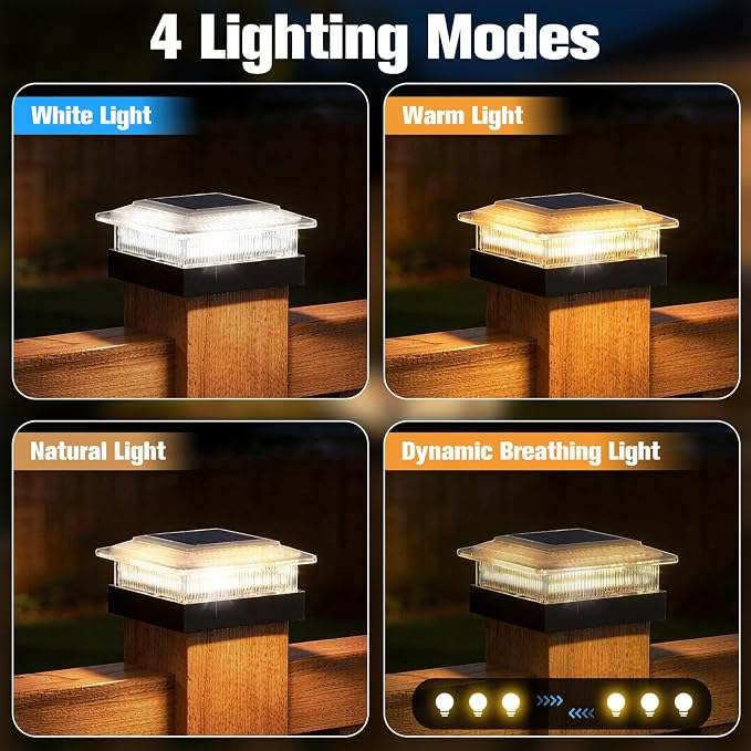 4x4 40 Lumens Post Solar Lights 2 Pack, Fence Post Solar Lights 4 Lighting Modes Solar Post Cap Lights for 4x4 3.5x3.5 Wood/Vinyl Posts, IP67 Waterproof Post Lights for Fence Mailbox Porch Post