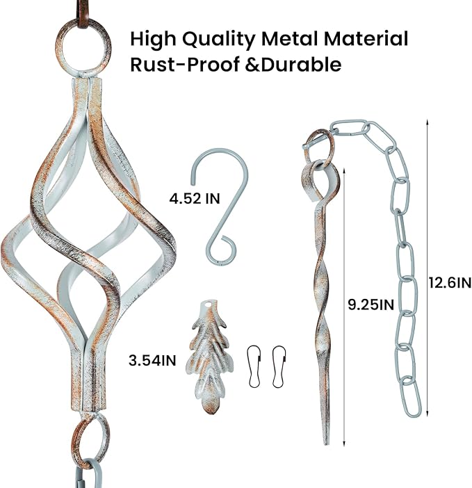 Rain Chain Bird Cage Set 8.5Ft, Not Rust Wrought Iron Rain Chains for Gutters with Adapter Gotta Drain and Sturdy Anchoring Stake,13 Birdcage, 1 Hook, Adjustable Length for Garden (Cyan)