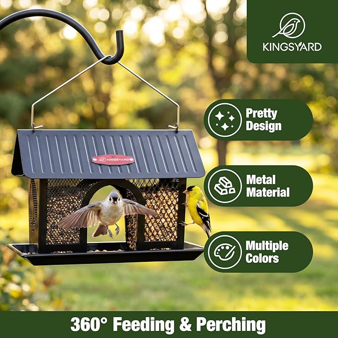 Kingsyard Bird Feeder for Outdoors Hanging, Dual-Use Metal Mesh Wild Bird Feeders with Seed Tray & Weatherproof Roof, 3 lbs Large Capacity, Black