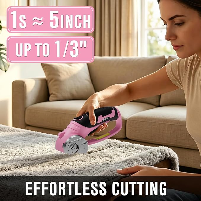 Cordless Electric Scissors 4V Rechargeable Cardboard Cutter with 4 SK5 Blades, 2000mAh Battery, LED Light, Electric Box Cutter 1/3” Cutting Capacity Power Cutter for Fabric Carpet Leather - Pink
