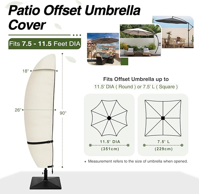 Porch Shield Patio Umbrella Cover - Outdoor Waterproof Garden Offset Banana Parasol Cover Fits Cantilever Offset Umbrella 7.5-11.5 Feet, Beige