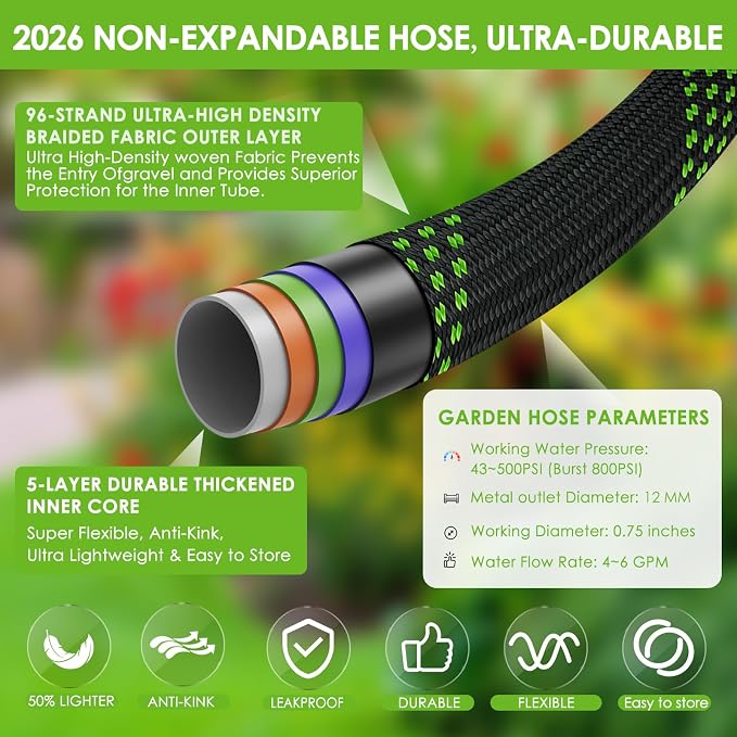 Garden Hose 100 ft, Non-Expandable Ultra-Lightweight Flexible Hose with 360° Dual-End Anti-Kink Design, 10-Pattern Spray Nozzle, 500 PSI Leak-Proof, 96-Strand Braided Fabric, Storage Strap