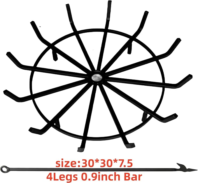 Inch Log Grate Wrought Iron Fire Pit Round Spider Wagon Wheel Firewood Heavy Duty 0.9in Bar Fireplace Stove Burning Rack Holder 4Legs Chimney Hearth Kindling Stacking BG275 (30 Inch)
