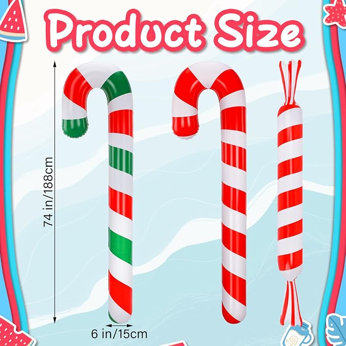 6 Pcs 6.17 ft Christmas Pool Floats Inflatable Candy Canes Jumbo Christmas in July Decorations Large Inflatable Pool Noodle Blow up Candy Cane Balloons for Xmas Ornaments Yard Garden Lawn