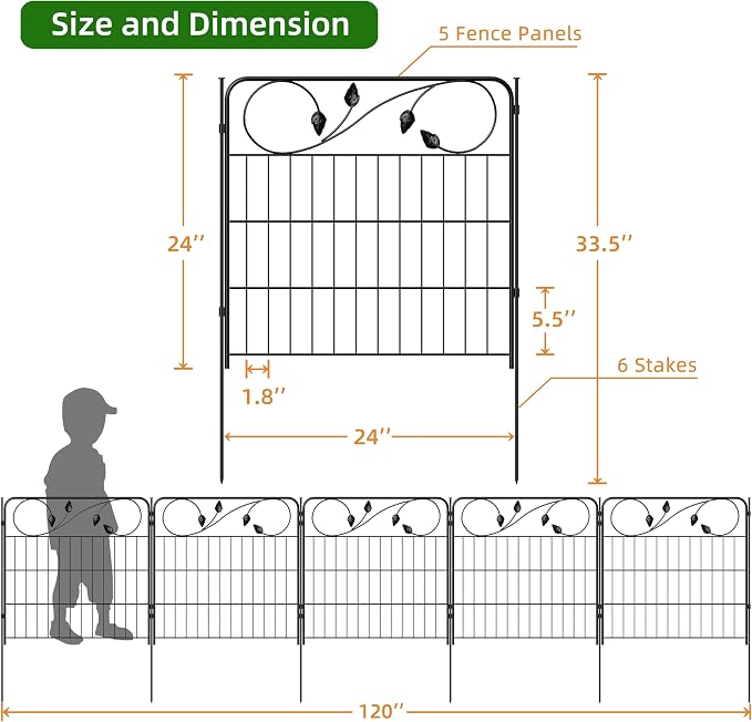 FOREHOGAR Decorative Metal Garden Fence 24in(H) X10ft(L) 5 Panels Leaf Black Rustproof Wire Border Fence for Landscape Patio Flower Bed Garden Fencing Panel Animal Barrier for Dogs