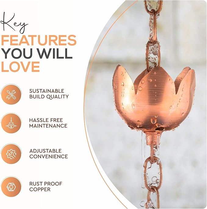 Copper Rain Chain – Decorative Chimes & Cups Replace Gutter Downspout & Divert Water Away from Home for Stunning Fountain Display – for Universal Fit