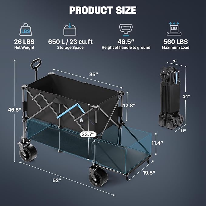 52" Heavy Duty Double Decker Wagon, 650L Collapsible Folding Wagon Cart with Brakes, 560 lbs Load, All-Terrain Big Wheels for Camping, Fishing, Sports and Transport, Black