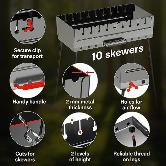 Stainless Steel Charcoal Grill for 10 Skewers – Portable BBQ 20.87"×9.45"×20.87" – Foldable Kabob Mangal – Durable Rustproof Grill for Picnic & Camping