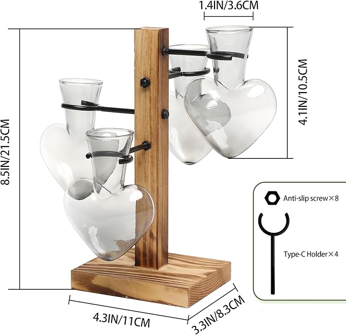Plant Terrarium Propagation Stations with Wooden Stand | Glass Vase for Indoor Hydroponics Home Garden Office Decoration Gift for Women - 4 Love Bulb Vase