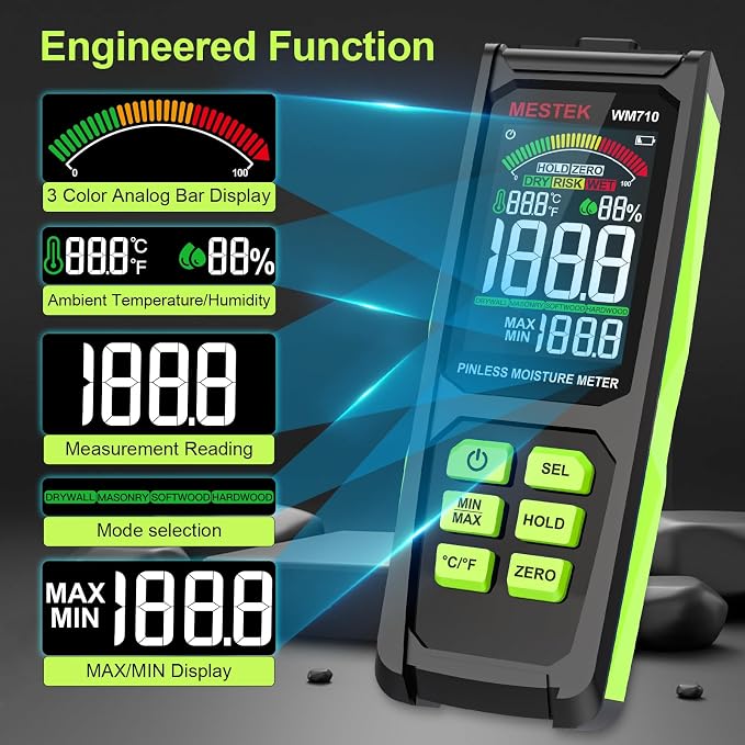 Pinless Moisture Meter, MESTEK Wood Moisture Meter Digital Moisture Detector for Lumber Drywall Firewood Masonry Woodworking Plaster Floor Concrete Building with LCD Display Sound Alarm