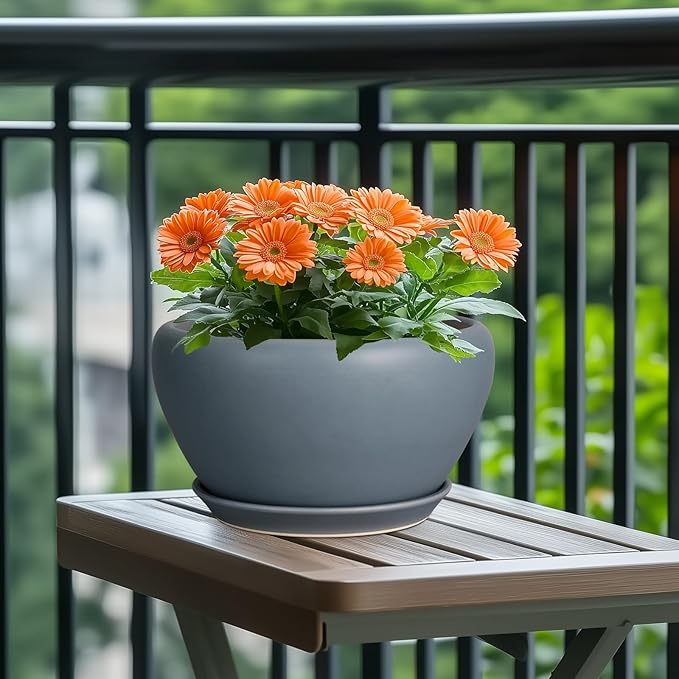 Ceramicfor Ceramic Plant Pot - 11 Inch Planter for Indoor Plants Large Plant Pot with Drainage Hole and Saucer Round Outdoor Planter Modern Flower Pot for Home Decor Gray