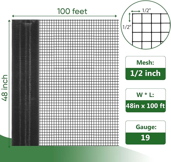 Hardware Cloth 1/2 inch 48" x 100 ft 19Ga Black PVC Coated Welded Wire Fence Chicken Wire Fencing | Vinyl Coated Welded Wire Mesh Roll Mesh Roll