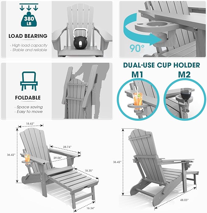 THOEOE Folding Adjustable Adirondack Chairs with Ottoman & 1 Cup Holders, HDEP Multifunctional Adirondack Chair with Footrest,Grey