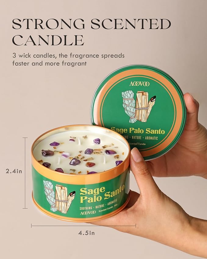 AOOVOO Sage & Palo Santo Candle for Cleansing - 3 Wick 12oz Large Scented Candle with Crystals & Sage & Palo Santo Inside, Soy Candle Non-Toxic for Meditation Spiritual Healing Gift